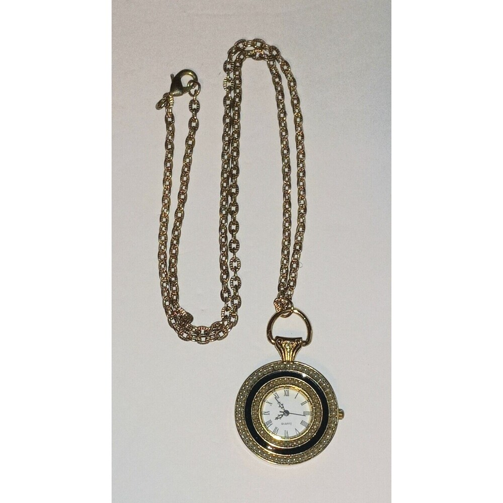 Vintage Necklace watch Crystal Embellished & Enamel Case Gold tone Haband 12"